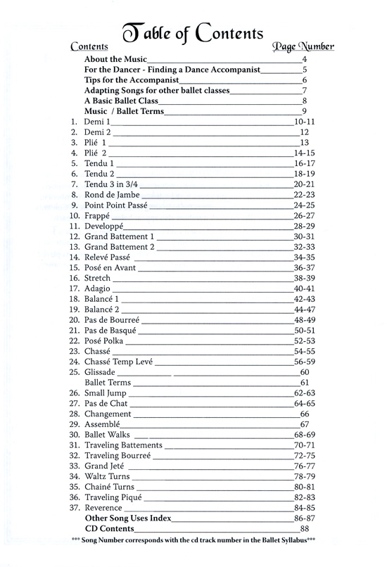Piano Music for Ballet Class Vol 2 - contents page